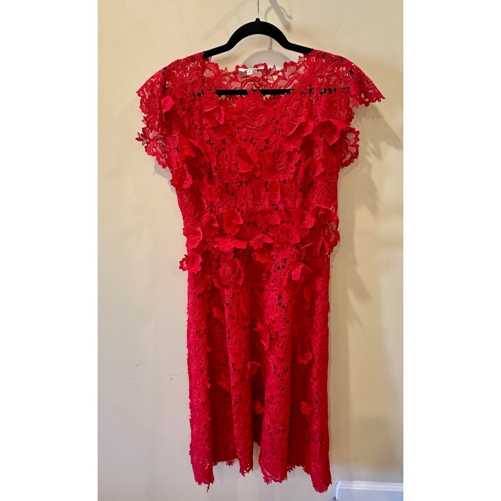J. Peterman 3D Flower Scalloped Edge Lace Dress Red Valentine's Day‎ Sz 6 $395